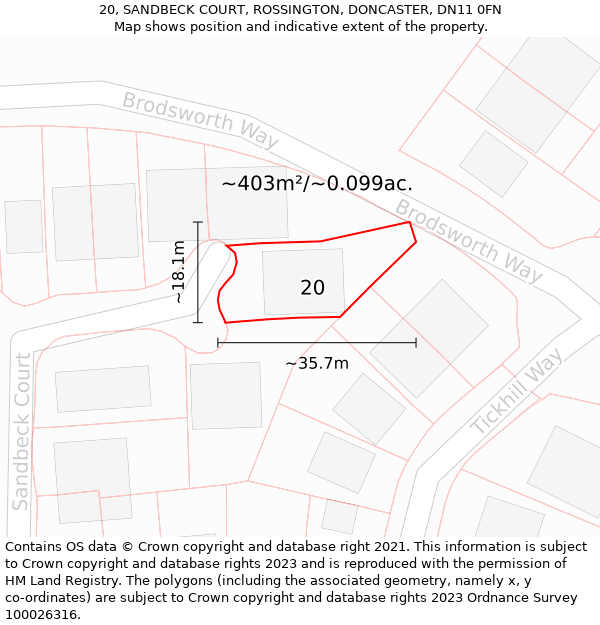 20, SANDBECK COURT, ROSSINGTON, DONCASTER, DN11 0FN: Plot and title map