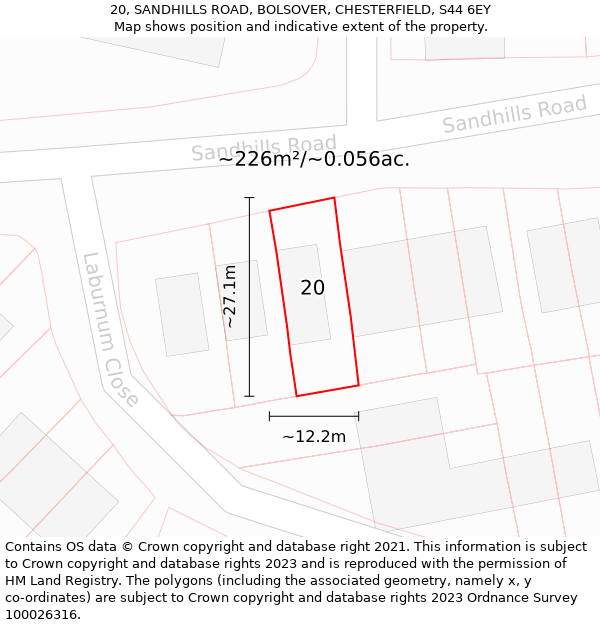 20, SANDHILLS ROAD, BOLSOVER, CHESTERFIELD, S44 6EY: Plot and title map