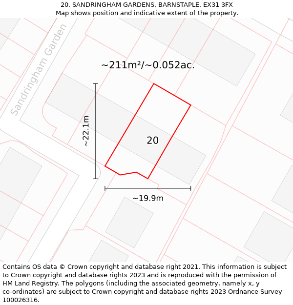 20, SANDRINGHAM GARDENS, BARNSTAPLE, EX31 3FX: Plot and title map