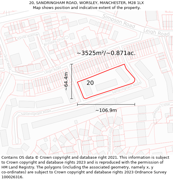 20, SANDRINGHAM ROAD, WORSLEY, MANCHESTER, M28 1LX: Plot and title map