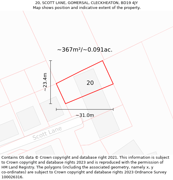 20, SCOTT LANE, GOMERSAL, CLECKHEATON, BD19 4JY: Plot and title map