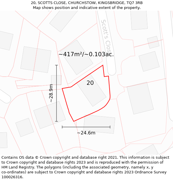 20, SCOTTS CLOSE, CHURCHSTOW, KINGSBRIDGE, TQ7 3RB: Plot and title map