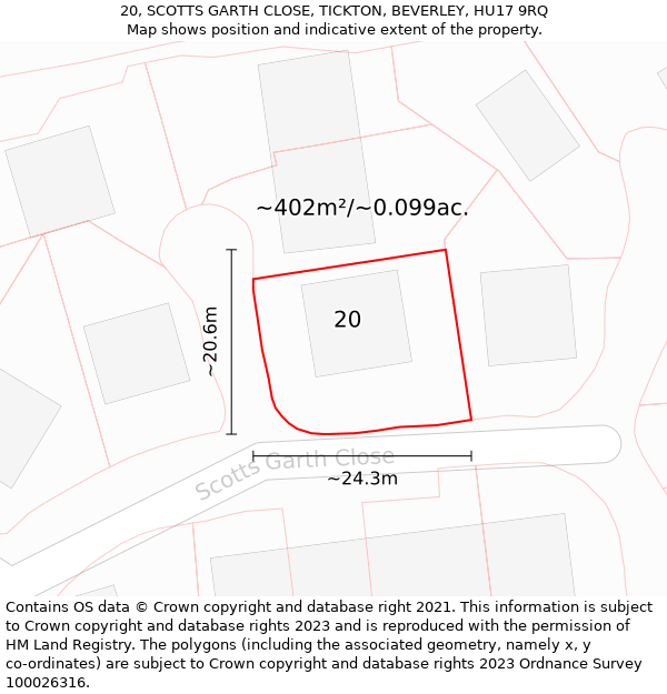 20, SCOTTS GARTH CLOSE, TICKTON, BEVERLEY, HU17 9RQ: Plot and title map