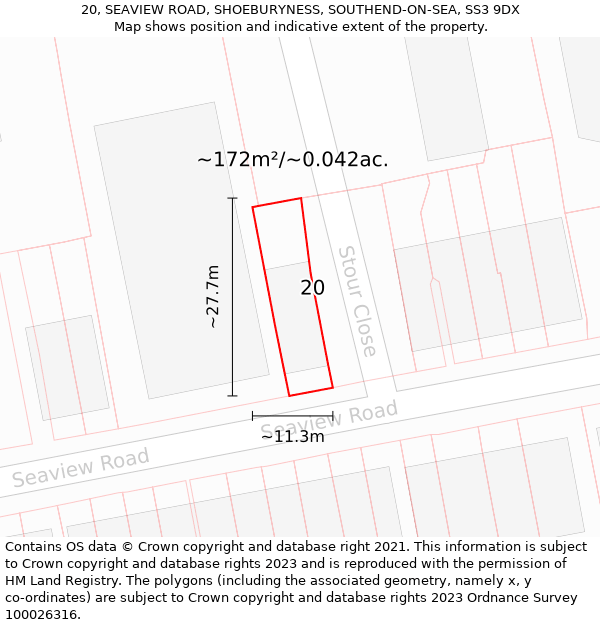 20, SEAVIEW ROAD, SHOEBURYNESS, SOUTHEND-ON-SEA, SS3 9DX: Plot and title map