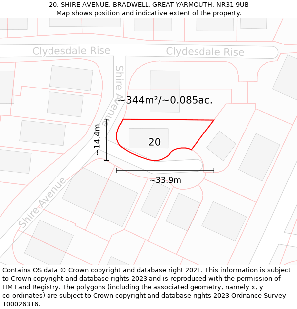 20, SHIRE AVENUE, BRADWELL, GREAT YARMOUTH, NR31 9UB: Plot and title map