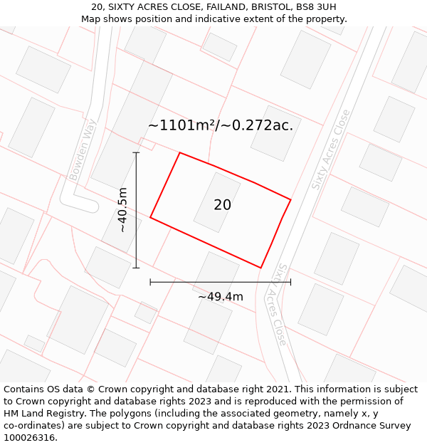 20, SIXTY ACRES CLOSE, FAILAND, BRISTOL, BS8 3UH: Plot and title map