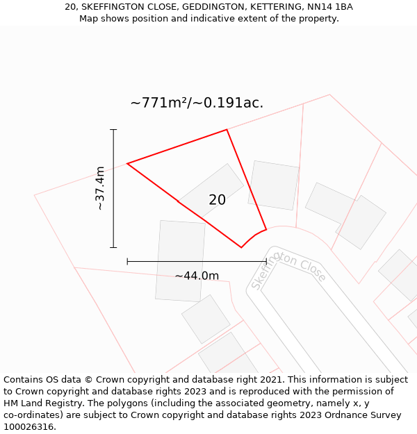 20, SKEFFINGTON CLOSE, GEDDINGTON, KETTERING, NN14 1BA: Plot and title map