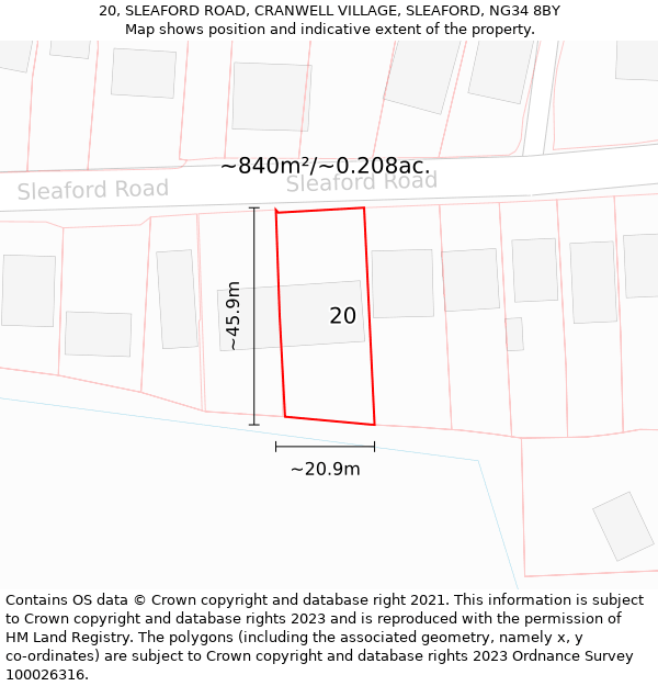 20, SLEAFORD ROAD, CRANWELL VILLAGE, SLEAFORD, NG34 8BY: Plot and title map