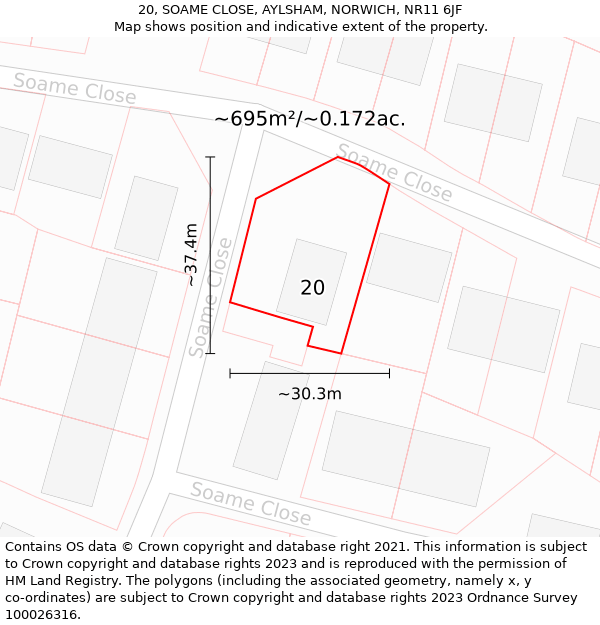 20, SOAME CLOSE, AYLSHAM, NORWICH, NR11 6JF: Plot and title map
