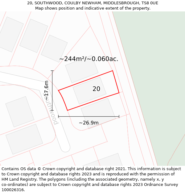 20, SOUTHWOOD, COULBY NEWHAM, MIDDLESBROUGH, TS8 0UE: Plot and title map