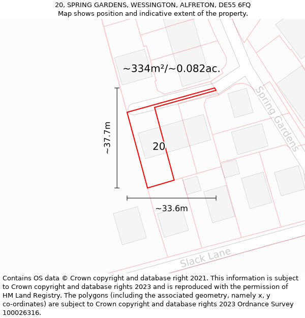 20, SPRING GARDENS, WESSINGTON, ALFRETON, DE55 6FQ: Plot and title map