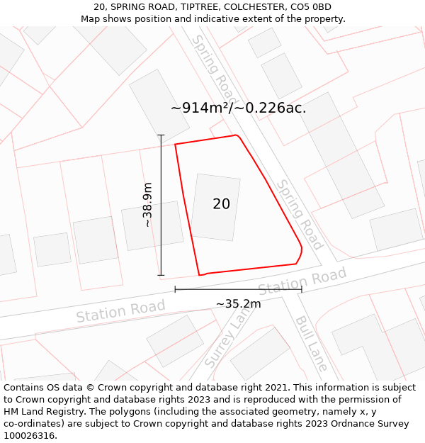 20, SPRING ROAD, TIPTREE, COLCHESTER, CO5 0BD: Plot and title map