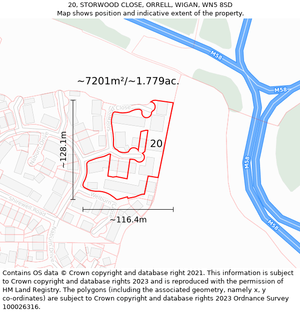 20, STORWOOD CLOSE, ORRELL, WIGAN, WN5 8SD: Plot and title map