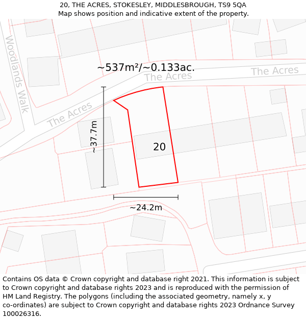 20, THE ACRES, STOKESLEY, MIDDLESBROUGH, TS9 5QA: Plot and title map