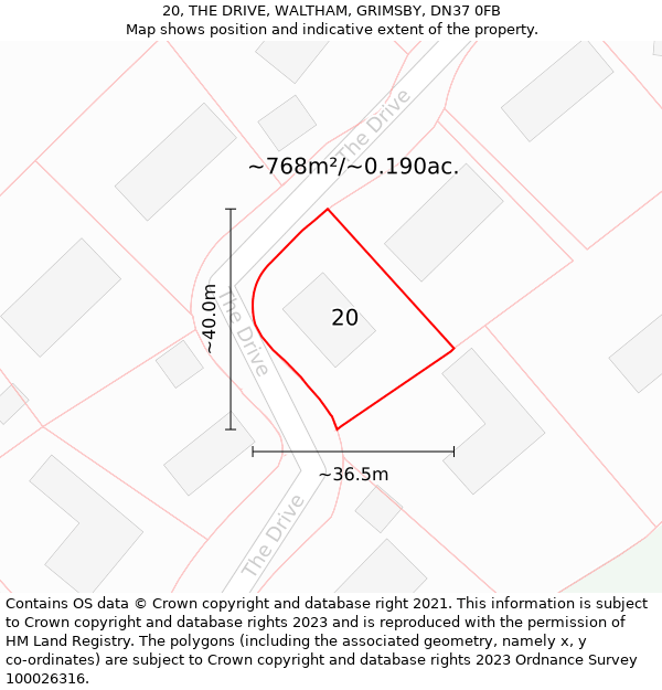 20, THE DRIVE, WALTHAM, GRIMSBY, DN37 0FB: Plot and title map