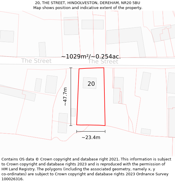 20, THE STREET, HINDOLVESTON, DEREHAM, NR20 5BU: Plot and title map