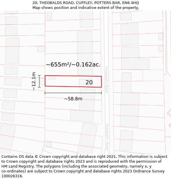 20, THEOBALDS ROAD, CUFFLEY, POTTERS BAR, EN6 4HQ: Plot and title map
