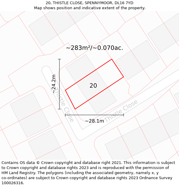 20, THISTLE CLOSE, SPENNYMOOR, DL16 7YD: Plot and title map