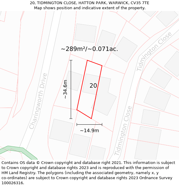 20, TIDMINGTON CLOSE, HATTON PARK, WARWICK, CV35 7TE: Plot and title map