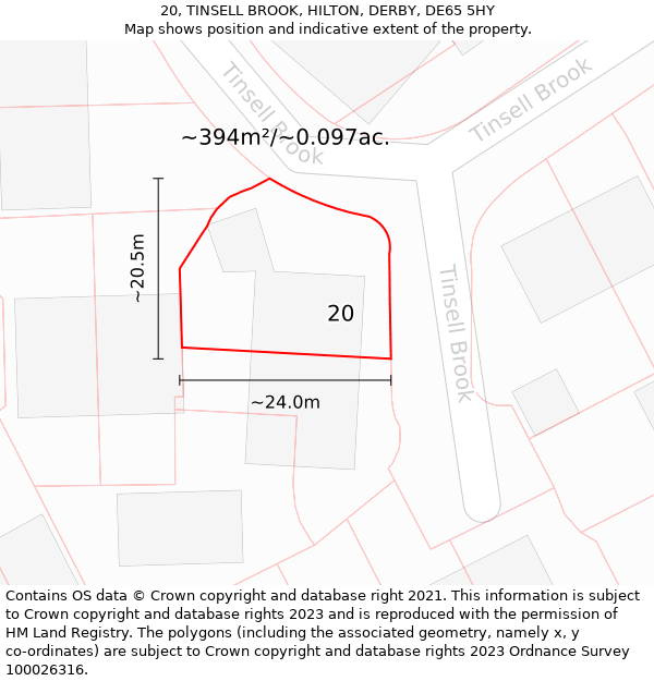 20, TINSELL BROOK, HILTON, DERBY, DE65 5HY: Plot and title map