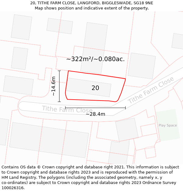 20, TITHE FARM CLOSE, LANGFORD, BIGGLESWADE, SG18 9NE: Plot and title map