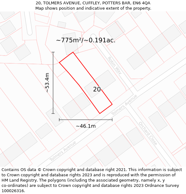 20, TOLMERS AVENUE, CUFFLEY, POTTERS BAR, EN6 4QA: Plot and title map