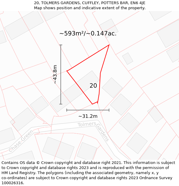 20, TOLMERS GARDENS, CUFFLEY, POTTERS BAR, EN6 4JE: Plot and title map