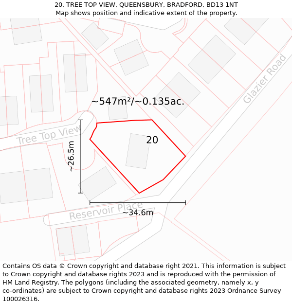 20, TREE TOP VIEW, QUEENSBURY, BRADFORD, BD13 1NT: Plot and title map