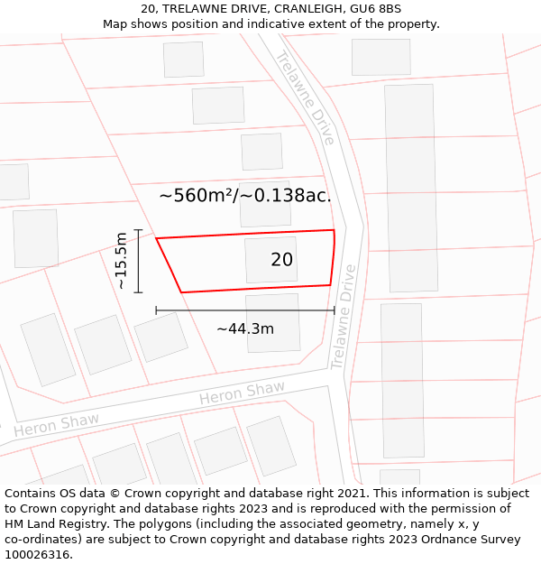 20, TRELAWNE DRIVE, CRANLEIGH, GU6 8BS: Plot and title map