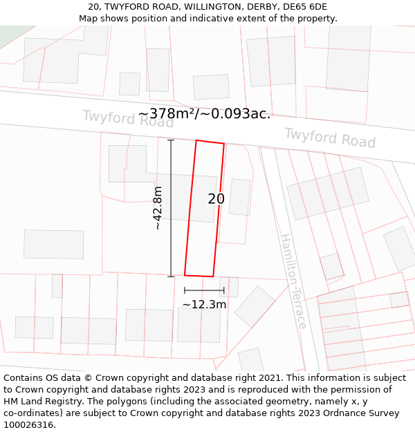 20, TWYFORD ROAD, WILLINGTON, DERBY, DE65 6DE: Plot and title map