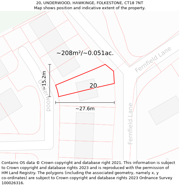 20, UNDERWOOD, HAWKINGE, FOLKESTONE, CT18 7NT: Plot and title map