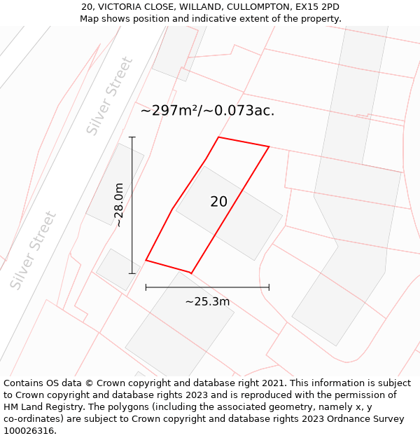 20, VICTORIA CLOSE, WILLAND, CULLOMPTON, EX15 2PD: Plot and title map