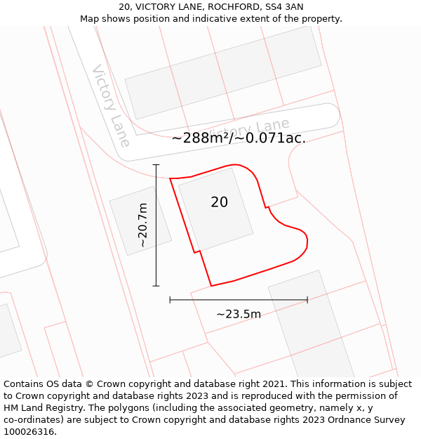 20, VICTORY LANE, ROCHFORD, SS4 3AN: Plot and title map