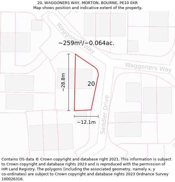 20, WAGGONERS WAY, MORTON, BOURNE, PE10 0XR: Plot and title map