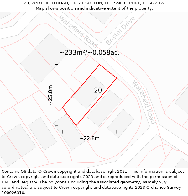 20, WAKEFIELD ROAD, GREAT SUTTON, ELLESMERE PORT, CH66 2HW: Plot and title map