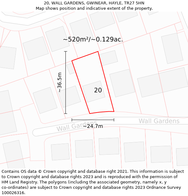 20, WALL GARDENS, GWINEAR, HAYLE, TR27 5HN: Plot and title map