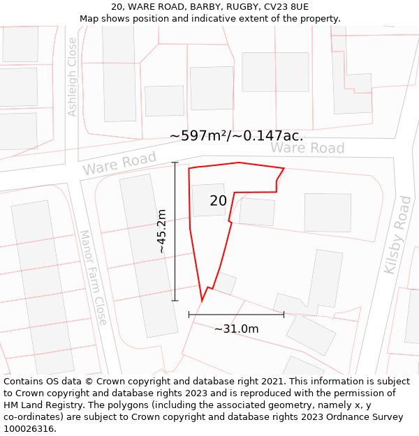 20, WARE ROAD, BARBY, RUGBY, CV23 8UE: Plot and title map