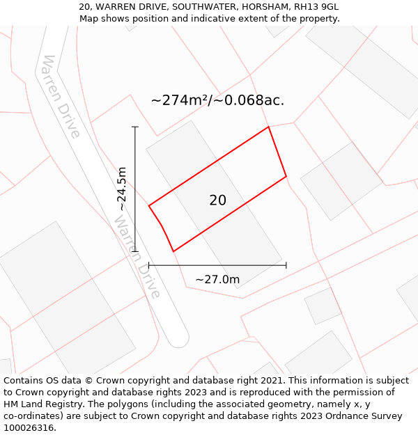 20, WARREN DRIVE, SOUTHWATER, HORSHAM, RH13 9GL: Plot and title map