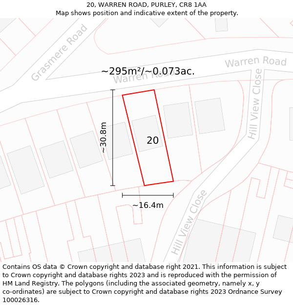 20, WARREN ROAD, PURLEY, CR8 1AA: Plot and title map