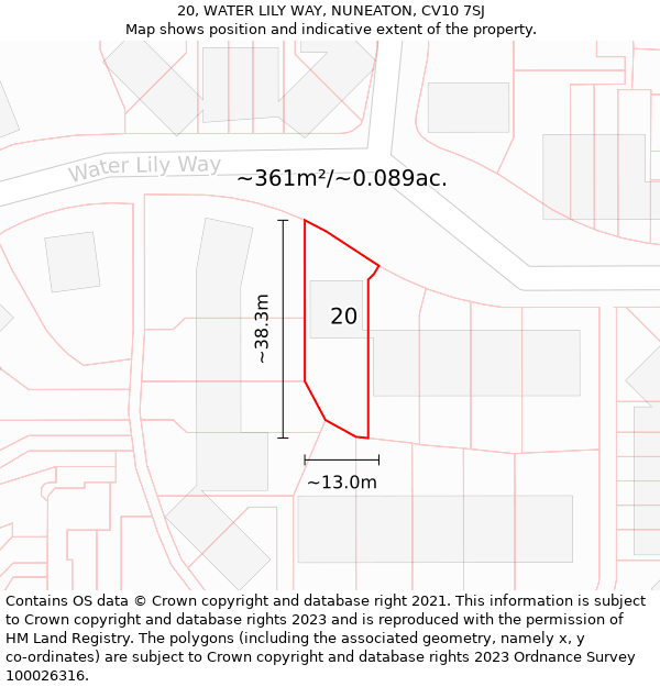 20, WATER LILY WAY, NUNEATON, CV10 7SJ: Plot and title map