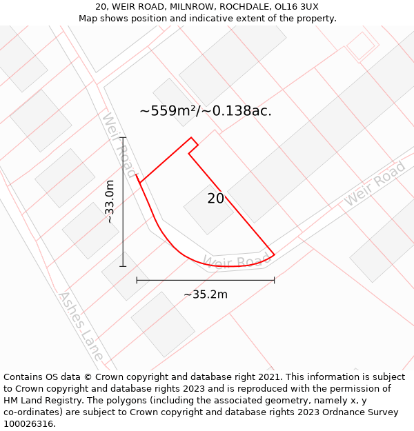 20, WEIR ROAD, MILNROW, ROCHDALE, OL16 3UX: Plot and title map