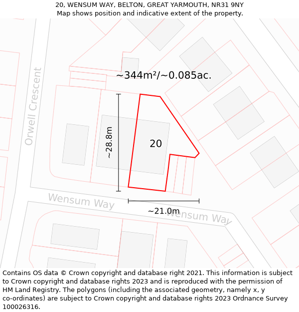 20, WENSUM WAY, BELTON, GREAT YARMOUTH, NR31 9NY: Plot and title map