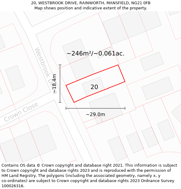 20, WESTBROOK DRIVE, RAINWORTH, MANSFIELD, NG21 0FB: Plot and title map