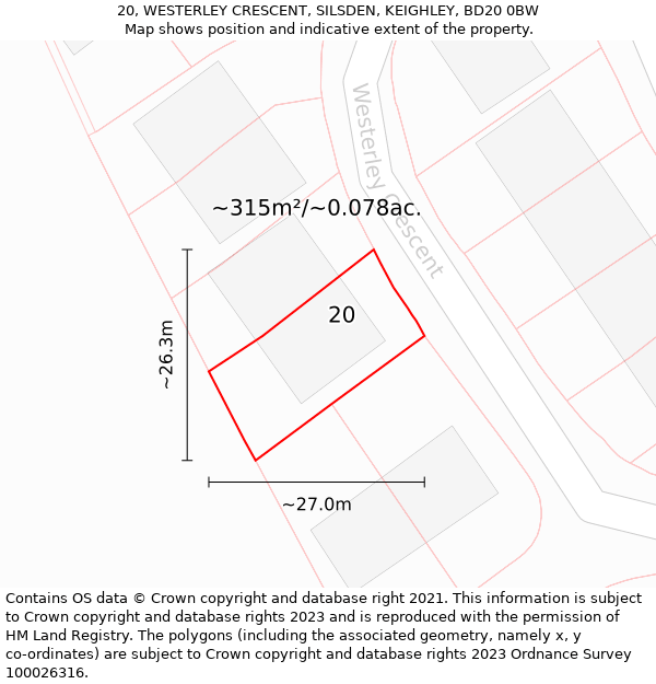 20, WESTERLEY CRESCENT, SILSDEN, KEIGHLEY, BD20 0BW: Plot and title map
