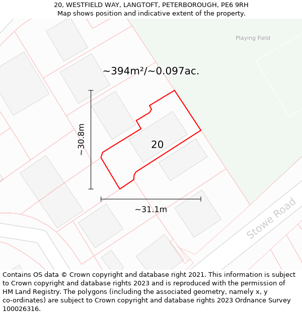 20, WESTFIELD WAY, LANGTOFT, PETERBOROUGH, PE6 9RH: Plot and title map