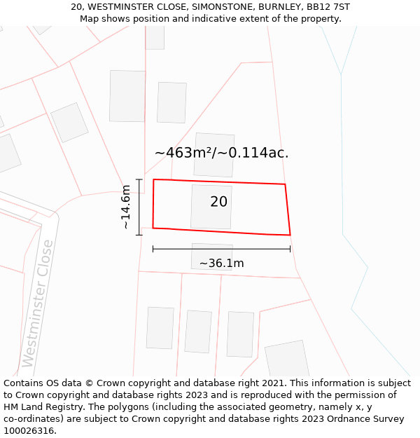 20, WESTMINSTER CLOSE, SIMONSTONE, BURNLEY, BB12 7ST: Plot and title map