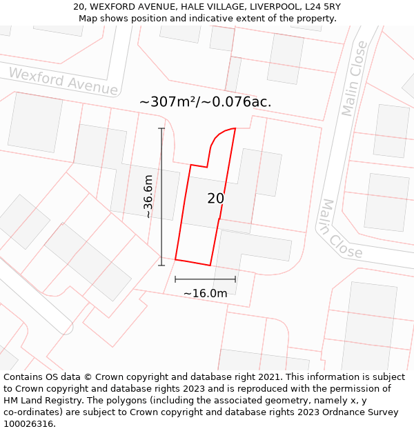 20, WEXFORD AVENUE, HALE VILLAGE, LIVERPOOL, L24 5RY: Plot and title map