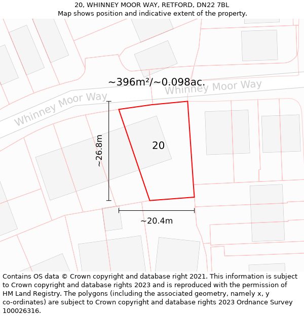 20, WHINNEY MOOR WAY, RETFORD, DN22 7BL: Plot and title map