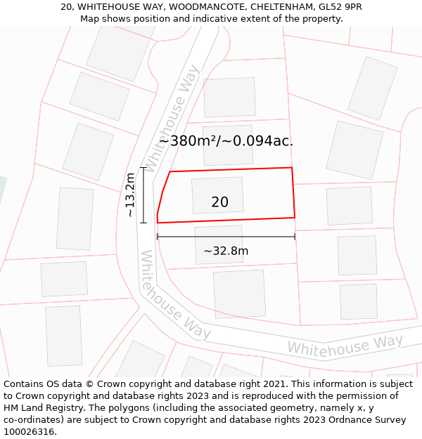 20, WHITEHOUSE WAY, WOODMANCOTE, CHELTENHAM, GL52 9PR: Plot and title map