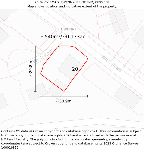 20, WICK ROAD, EWENNY, BRIDGEND, CF35 5BL: Plot and title map